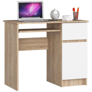 PIXEL90P - Elegantný Písací Stôl v Odtieňoch Duba Sonoma a Čistej Bielej  Oceníte kombináciu prírodného vzhľadu a modernej elegancie? Písací stôl PIXEL90P dokonale kombinuje teplý odtieň duba Sonoma s čistou bielou, čo ho robí ideálnym doplnkom do detskej izby, kancelárie alebo pracovne.   Materiál: Kvalitné a odolné LTD, zaručujúce dlhovekosť produktu. Farba: Harmónia duba Sonoma a čisté biele prináša teplý a zároveň svieži vzhľad. Rozmery: 77 x 90 x 50 cm - ideálna veľkosť pre rôznorodé priestory. Vybavenie: Praktická výsuvná doska pre klávesnicu a zásuvka na uskladnenie vašich potrieb. Polic: 3 priestorom bohaté police, ideálne pre knihy, dokumenty alebo osobné veci.  Pravé prevedenie.  S písacím stolom PIXEL90P získate nielen funkčné a priestranné pracovné miesto, ale aj štýlový kúsok nábytku, ktorý obohatí dizajn vašej miestnosti. Elegancia, praktickosť a dizajn v jednom - to je PIXEL90P.