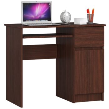 PIXEL90P: Elegantný Písací Stôl vo farbe Wenge Pro Moderné Interiéry  Predstavujeme PIXEL90P - písací stôl, ktorý v sebe kombinuje funkčnosť a jedinečný dizajn pre tých, ktorí si cenia kvalitu a štýlu. Jeho hlboká farba wenge dodáva vášmu interiéru sofistikovaný vzhľad, zatiaľ čo jeho praktická konštrukcia uspokojí všetky vaše potreby.   Materiál: Vyrobené z odolného a dlhotrvajúceho materiálu LTD, čo zaručuje stabilitu a trvanlivosť. Farba: Elegantné wenge - temná, bohatá farba, ktorá dodá vášmu priestoru hĺbku a charakter. Rozmery: 77 x 90 x 50 cm, ideálna veľkosť pre efektívne využitie priestoru a pohodlia pri práci.< /li> Vybavenie: Praktická zásuvka pre vaše potreby a výsuvná doska pre klávesnicu zaisťuje maximálny komfort pri práci. Polic: 3 užitočné police na uskladnenie vašich kníh, dokumentov alebo iných potrebných vecí.  Pravé prevedenie.  Či už hľadáte stôl do detskej izby, kancelárie alebo pracovne, PIXEL90P je ideálnym riešením pre tých, ktorí hľadajú kombináciu moderného dizajnu a praktickosti.