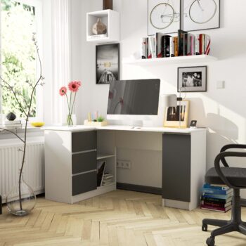 Písací stôl ROMAN155L: Moderné spojenie bielej a grafitovej  Predstavujeme vám ROMAN155L - písací stôl, ktorý kombinuje eleganciu a funkčnosť, ideálny pre detskú izbu, kanceláriu či pracovňu.   Typ tovaru: Písací stôl Materiál: LTD - garantovanie trvanlivosti a kvality Rozmery: 77 x 155 x 85 cm - priestranná pracovná plocha pre všetky vaše úlohy Farba: Čistá biela v kontraste s hlbokým grafitovým odtieňom Vybavenie: 3 zásuvky pre pohodlné uskladnenie potrieb Štýl: Moderný a dizajnový vzhľad, ktorý dodáva stolu jedinečný charakter Tvar: Rohový dizajn pre optimálne využitie priestoru Počet políc: 4 police ponúkajú dostatok miesta na uloženie kníh, dokumentov alebo dekoratívnych predmetov  Ľavé prevedenie.  So stolom ROMAN155L prinesie do svojho interiéru nielen funkčnosť, ale aj nezameniteľný štýl. Perfektná voľba pre tých, ktorí chcú kombinovať praktickosť s designom.