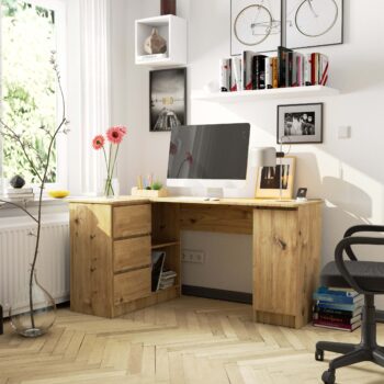 Moderný Písací stôl ROMAN155L v odtieni duba Artisan  Predstavujeme ROMAN155L – dokonale navrhnutý písací stôl, ktorý spája funkcionalitu s vysokou estetikou. Jeho odtieň duba Artisan dodá vášmu interiéru hrejivý a napriek tomu moderný vzhľad.   Typ tovaru: Písací stôl Materiál: LTD - garantovaná odolnosť a dlhá životnosť < li>Rozmery: 77 x 155 x 85 cm - ideálna veľkosť pre pohodlnú prácu Farba: Prírodný dub Artisan < strong>Vybavenie: 3 praktické zásuvky na uloženie všetkých nevyhnutností Štýl: Moderné a dizajnové prevedenie Tvar: Rohový - skvele využije miesto v miestnosti Počet políc: 4 - na usporiadané uloženie dokumentov či dekorácií  Ľavé prevedenie.  Stôl ROMAN155L je ideálnou voľbou pre všetkých, ktorí hľadajú spojenie tradičného vzhľadu s modernými prvkami. Či už je vaším cieľom vybaviť detskú izbu, kanceláriu či pracovňu, tento stôl bude vždy skvelou voľbou.