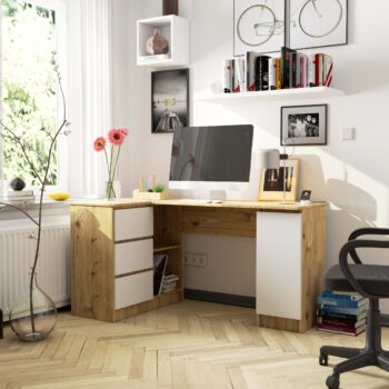 Dizajnový Písací stôl ROMAN155L v kombinácii duba Artisan a bielej  Hľadáte stôl, ktorý spája moderný dizajn s funkčnosťou? ROMAN155L je elegantný písací stôl, ktorý kombinuje tradíciu duba Artisan s čistotou bielej farby. Tento stôl je skvelým doplnkom do detskej izby, kancelárie či pracovne.   Typ tovaru: Písací stôl Materiál: LTD - odolnosť a dlhá životnosť Rozmery: 77 x 155 x 85 cm - optimálne rozmery pre komfortnú prácu Farba: Dub Artisan kombinovaný s bielou  Vybavenie: 3 priestranné zásuvky na uskladnenie vašich potrieb Štýl: Moderné a dizajnové prevedenie Tvar: Rohový - ideálne využije priestor miestnosti Počet políc: 4 - pre perfektnú organizáciu vašich vecí  Ľavé prevedenie.  Písací stôl ROMAN155L je dokonalou voľbou pre tých, ktorí si cenia kvalitu, dizajn a funkčnosť. Prineste do svojho interiéru kúsok prírody s moderným twistom.