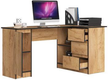 Exkluzívny písací stôl ROMAN155P v elegantnom dube Craft  Objavte kombináciu štýlu a praktickosti s ROMAN155P, písacím stolom, ktorý je ideálnou voľbou pre moderné interiéry. Jeho dizajn v odtieni duba Craft prinesie do vašej miestnosti nádych elegancie a pohodlia.   Typ tovaru: Písací stôl Materiál: LTD - pre dlhú životnosť a kvalitu < li>Rozmery: 77 x 155 x 85 cm - priestranné pracovné miesto pre všetky vaše úlohy Farba: Dub Craft - sofistikovaný a nadčasový vzhľad Vybavenie: 3 zásuvky - ukladanie a organizácia nikdy nebolo jednoduchšie Štýl: Moderný a dizajnový - pre tých, ktorí oceňujú estetiku a funkčnosť Tvar: Rohový - dokonalé využitie priestoru Počet políc: 4 - dostatok miesta pre knihy, dokumenty a dekorácie< /li>  Pravé prevedenie.  Doprajte si kancelársky nábytok, ktorý spĺňa všetky vaše požiadavky. Písací stôl ROMAN155P je tým pravým riešením pre vašu pracovňu, kanceláriu či detskú izbu.