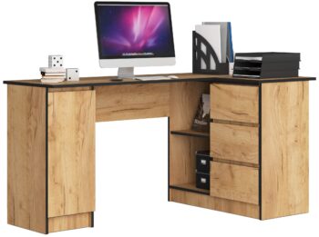 Exkluzívny písací stôl ROMAN155P v elegantnom dube Craft  Objavte kombináciu štýlu a praktickosti s ROMAN155P, písacím stolom, ktorý je ideálnou voľbou pre moderné interiéry. Jeho dizajn v odtieni duba Craft prinesie do vašej miestnosti nádych elegancie a pohodlia.   Typ tovaru: Písací stôl Materiál: LTD - pre dlhú životnosť a kvalitu < li>Rozmery: 77 x 155 x 85 cm - priestranné pracovné miesto pre všetky vaše úlohy Farba: Dub Craft - sofistikovaný a nadčasový vzhľad Vybavenie: 3 zásuvky - ukladanie a organizácia nikdy nebolo jednoduchšie Štýl: Moderný a dizajnový - pre tých, ktorí oceňujú estetiku a funkčnosť Tvar: Rohový - dokonalé využitie priestoru Počet políc: 4 - dostatok miesta pre knihy, dokumenty a dekorácie< /li>  Pravé prevedenie.  Doprajte si kancelársky nábytok, ktorý spĺňa všetky vaše požiadavky. Písací stôl ROMAN155P je tým pravým riešením pre vašu pracovňu, kanceláriu či detskú izbu.