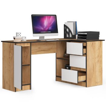 Písací stôl ROMAN155P v elegantnom dube Craft biely  Predstavujeme ROMAN155P - moderný písací stôl s dizajnovým nádychom. S jeho bielym prevedením v dekore duba Craft sa stane neprehliadnuteľným kúskom vášho interiéru, či už v detskej izbe, kancelárii alebo pracovni.   Typ tovaru: Písací stôl Materiál: LTD - kvalita a dlhodobá odolnosť Rozmery: 77 x 155 x 85 cm - ideálne rozmery pre komfortnú prácu Farba: Dub Craft biely - nadčasový a elegantný vzhľad Vybavenie: 3 zásuvky - všetko dôležité vždy po ruke Štýl: Moderné a dizajnové prevedenie  Tvar: Rohový - efektívne využitie priestoru Počet políc: 4 - pre vaše knihy, dokumenty a dekorácie  Pravé prevedenie.  Nechajte sa očariť kombináciou funkčnosti a dizajnu písacieho stola ROMAN155P. Je to oveľa viac ako len nábytok – je to štýl, ktorý oživí vašu miestnosť.