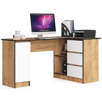 Písací stôl ROMAN155P v elegantnom dube Craft biely  Predstavujeme ROMAN155P - moderný písací stôl s dizajnovým nádychom. S jeho bielym prevedením v dekore duba Craft sa stane neprehliadnuteľným kúskom vášho interiéru, či už v detskej izbe, kancelárii alebo pracovni.   Typ tovaru: Písací stôl Materiál: LTD - kvalita a dlhodobá odolnosť Rozmery: 77 x 155 x 85 cm - ideálne rozmery pre komfortnú prácu Farba: Dub Craft biely - nadčasový a elegantný vzhľad Vybavenie: 3 zásuvky - všetko dôležité vždy po ruke Štýl: Moderné a dizajnové prevedenie  Tvar: Rohový - efektívne využitie priestoru Počet políc: 4 - pre vaše knihy, dokumenty a dekorácie  Pravé prevedenie.  Nechajte sa očariť kombináciou funkčnosti a dizajnu písacieho stola ROMAN155P. Je to oveľa viac ako len nábytok – je to štýl, ktorý oživí vašu miestnosť.
