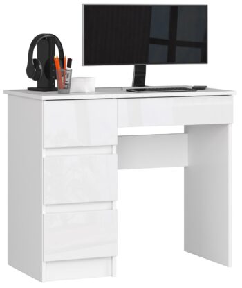 Písací stôl ZEUS90L: Kombinácia elegancie a funkčnosti  Predstavujeme vám ZEUS90L - písací stôl, ktorý prináša moderný dizajn a vysokú praktickosť do vášho interiéru. Jeho jedinečná kombinácia bielej farby s oslnivým bielym leskom dodáva každej miestnosti nádych elegancie a luxusu.   Ideálny pre detskú izbu, kanceláriu alebo pracovňu, tento stôl je navrhnutý tak, aby spĺňal potreby každodenného života, a pritom zostával esteticky príťažlivý.   Materiál: Odolný a kvalitný LTD, ktorý zaručuje dlhú trvanlivosť a stabilitu. Rozmery:  Priestranné rozmery 77 x 90 x 50 cm ponúkajú komfortný pracovný priestor. Vybavenie: Štyri zásuvky poskytujú dostatok úložného priestoru pre všetky vaše potreby. Dekor: Lesklý povrch dodáva stolu luxusný vzhľad a zdôrazňuje jeho moderný dizajn.  Ľavé prevedenie. Ak hľadáte spojenie moderného štýlu a praktickosti, písací stôl ZEUS90L je tou najlepšou voľbou pre váš domov.