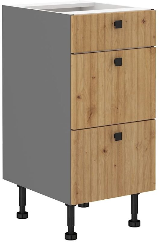 Dolná kuchynská skrinka EVA 40D 3S BB Moderná kuchynská zostava EVA zaujme najmä štýlovým melamínovým povrchom. Dvierka sú vyrobené z kvalitného a odolného MDF materiálu, skrinky disponujú funkciou tichého dovierania.Nožičky sú nastaviteľné, kovové gombíkové úchyty čiernej farby vytvárajú príjemný kontrast s dvierkami vo farbe dub artisan. Korpus z laminovanej dosky je vo farbe antracit.Dolná kuchynská skrinka EVA 40D 3S BB so zásuvkami má rozmery (ŠxVxH): 40 x 87 x 52 cm.Súčasťou skrinky nie je pracovná doska.Vďaka bohatému výberu skriniek z kolekcie EVA si zariadite krásnu a funkčnú kuchyňu podľa vlastných predstáv a potrieb.Dodávame v demonte.