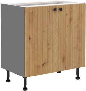 Moderná kuchynská zostava EVA zaujme najmä štýlovým melamínovým povrchom. Dvierka sú vyrobené z kvalitného a odolného MDF materiálu, skrinky disponujú funkciou tichého dovierania.Nožičky sú nastaviteľné, kovové gombíkové úchyty čiernej farby vytvárajú príjemný kontrast s dvierkami vo farbe dub artisan. Korpus z laminovanej dosky je vo farbe antracit.Dolná skrinka EVA 80D 2F BB je dvojdverová a má rozmery (ŠxVxH): 80 x 87 x 52 cm.Súčasťou skrinky nie je pracovná doska.Vďaka bohatému výberu skriniek z kolekcie EVA si zariadite krásnu a funkčnú kuchyňu podľa vlastných predstáv a potrieb.Dodávame v demonte. 