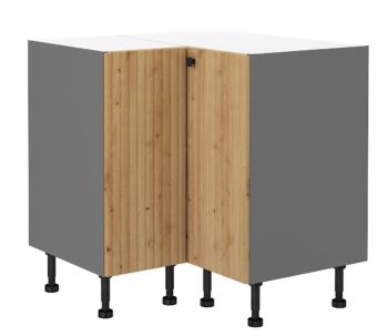 Moderná kuchynská zostava EVA zaujme najmä štýlovým melamínovým povrchom. Dvierka sú vyrobené z kvalitného a odolného MDF materiálu, skrinky disponujú funkciou tichého dovierania.Nožičky sú nastaviteľné, kovové gombíkové úchyty čiernej farby vytvárajú príjemný kontrast s dvierkami vo farbe dub artisan. Korpus z laminovanej dosky je vo farbe antracit.Dolná rohová skrinka EVA 89x89 DN 1F BB je dvojdverová a má rozmery (ŠxVxH): 83/83 x 87 x 52 cm.Súčasťou skrinky nie je pracovná doska.Vďaka bohatému výberu skriniek z kolekcie EVA si zariadite krásnu a funkčnú kuchyňu podľa vlastných predstáv a potrieb.Dodávame v demonte. 