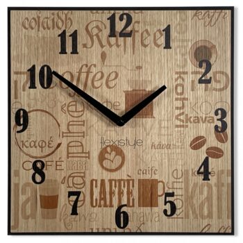 Drevené nástenné hodiny do kuchyne. Motív šálky s nápisom "It's always coffee time". Nástenný ciferník vyrobený z dubovej dyhy. Produkt pre všetkých, ktorí milujú kávu a milujú dekorácie súvisiace s týmto nápojom. Tichý nástenný mechanizmus zaručuje diskrétnosť a pohodlie pri používaní.