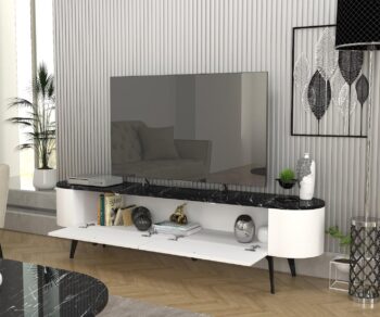 TV stolík EGYPTDodajte svojej obývačke elegantný a luxusný prvok s TV stolíkom EGYPT. Tento štýlový a praktický kus nábytku je ideálny na umiestnenie vašej televízie a ďalších mediálnych zariadení, prinášajúcich do vášho interiéru moderný a sofistikovaný vzhľad.Špecifikácia produktu:Typ tovaru: TV stolíkVhodné do miestnosti: Obývacia izbaMateriál: LTDRozmer: 180 x 46.8 x 35 cmFarba: Biela + mramorVybavenie: SkrinkyPočet dvierok: 2Hrúbka materiálu: 18 mmDodatočné informácie: Dodávame v demonteTV stolík EGYPT je skvelou voľbou pre každého, kto hľadá funkčné a estetické riešenie pre svoju obývaciu izbu. Vyrobený z kvalitného LTD materiálu s hrúbkou 18 mm, zaisťuje pevnosť a dlhú životnosť. Kombinácia bielej farby a mramorového vzhľadu dodáva stolíku moderný a luxusný vzhľad, ktorý sa hodí do akéhokoľvek interiéru.Vďaka svojmu vybaveniu skrinkami a dvoma dvierkami poskytuje televízny stolík EGYPT dostatok úložného priestoru pre vaše mediálne zariadenie, BR, knihy a ďalšie doplnky. Dodávame v demonte, čo zaručuje bezpečnú prepravu a jednoduchú montáž. Pridajte do svojho domova tento jedinečný a praktický kúsok nábytku a užívajte si jeho výhody každý deň.