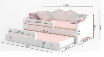 Detská posteľ s prístelkou a matracmi ELISA II 80x160 cm je to najlepšie, čo môžete dopriať Vašim ratolestiam pre ich pokojný spánok a sladké sny. Vyrobená je v nádhernej kombinácii bielej s jemným sivým vzorom srdiečok. Farba použitá na náter je ekologická a odolná voči ošúchaniu. Súčasťou postele…