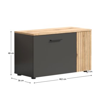 Predstavujeme vám moderný botník Esena 1D1K, ktorý je ideálnym riešením pre vašu predsieň. Tento elegantný kus nábytku v prevedení grafit a dub evoke kombinuje funkčnosť s estetickým vzhľadom, čím dodáva vášmu interiéru štýlový nádych.