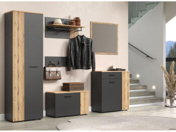 Predstavujeme vám moderný botník Esena 1D1K, ktorý je ideálnym riešením pre vašu predsieň. Tento elegantný kus nábytku v prevedení grafit a dub evoke kombinuje funkčnosť s estetickým vzhľadom, čím dodáva vášmu interiéru štýlový nádych.
