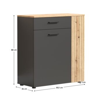 Dvojdverová komoda so zásuvkou Esena 2D1S v elegantnom farebnom prevedení grafit a dub evoke je ideálnym riešením pre moderné interiéry. Táto komoda, vyrobená z kvalitnej laminovanej DTD, ponúka praktické úložné priestory s dvoma dverami a jednou zásuvkou, čo ju robí vhodnou pre…