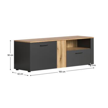 TV stolík Esena 2D1S v elegantnom prevedení grafit a dub evoke je ideálnym doplnkom pre moderné interiéry. Tento kus nábytku od značky KONDELA ponúka nielen štýlový vzhľad, ale aj praktické využitie. S rozmermi 150 cm na šírku, 42 cm na hĺbku a 50 cm na výšku…