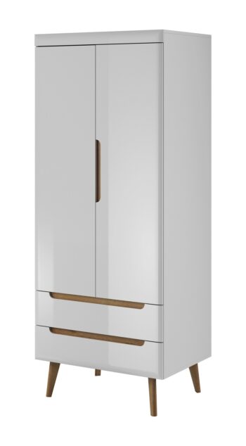 Šatníková skriňa je súčasťou zaujímavého sektoru NORD. Je v elegantnom a modernom prevedení.Skriňa je dvojdverová. Disponuje dvomi praktickými zásuvkami.Je vo farebnom prevedení  biela, biely lesk. Detaily a vysoké nožičky sú vo farbe dub riviéra. Vyrobená je z LTD dosiek s ABS hranami. Dvierka sú vyrobené z kvalitných MDF dosiek.  Rozmer (š,v,h): 80x197x56 cm.Obývací sektor NORD je vynikajúcim riešením do moderného interiéru. Unikátny vzhľad jednotlivých komponentov zaujme nejedného zákazníka. Štýlové vysoké nožičky podčiarkujú charakter nábytku NORD.Dodávame v demontovanom stave.