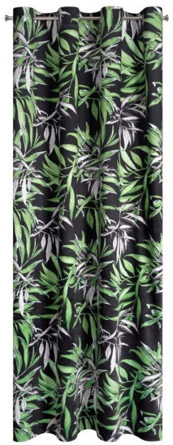 Elegantný čierno zelený zamatový záves s potlačou vetvičiek PIERRE CARDIN 140 x 250 cm