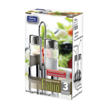 Sada koreničiek FABIO (2 ks) je praktická sada dvoch koreničiek na soľ a korenie, so stojanom. Každá má objem 40 ml a sú vyrobené z priehľadného skla, stojan je z ocele v prevedení nerezová. Koreničky Fabio budú nie len praktickým pomocníkom, ale hlavne pekným dizajnovým prvkom v kuchyni.…