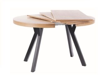 Rozkladací jedálenský stôl FABIO je v jednoduchom a zároveň modernom prevedení. Je možné ho rozložiť až o 150 cm. Stôl je okrúhleho tvaru. Po rozložení má oválny tvar.Jedálenský stôl je vyrobený z prírodnej dyhy. Konštrukcia je kovová. Farebné prevedenie je v kombinácii dubu a čiernej farby.Rozmery (š,v,h): 100 (250) x 76 x 100 cm. Plocha po rozložení: 250 x 100 cm. Je určený pre 12 osôb.Dodávame v demontovanom stave.