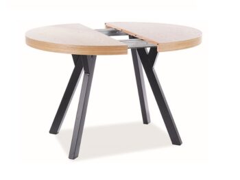 Rozkladací jedálenský stôl FABIO je v jednoduchom a zároveň modernom prevedení. Je možné ho rozložiť až o 150 cm. Stôl je okrúhleho tvaru. Po rozložení má oválny tvar.Jedálenský stôl je vyrobený z prírodnej dyhy. Konštrukcia je kovová. Farebné prevedenie je v kombinácii dubu a čiernej farby.Rozmery (š,v,h): 100 (250) x 76 x 100 cm. Plocha po rozložení: 250 x 100 cm. Je určený pre 12 osôb.Dodávame v demontovanom stave.