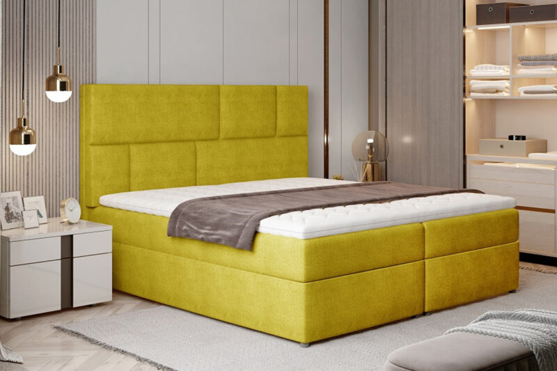 FANCY 13 boxspringová posteľ 165 x 200, Omega 68 Posteľ FANCY patrí medzi boxspringové postele. Najvýraznejším prvkom je vyvýšené čelo postele, ktoré poskytne pohodlnú opierku hravy a ochráni stenu pred oderom. Jednoduché prešívanie vytvára jemný obdĺžnikový vzor, ktorý sa stane ozdobou Vašej spálne. Jednofarebné prevedenie dáva možnosť variabilnej kombinácie s ďalším nábytkom či farbami. Výška ložnej plochy poskytne pohodlné vstávanie a sadanie na posteľ. Moderný dizajn postele je prepojený s praktickým riešením priestoru. Posteľ ponúka spaciu plochu 165 x 200 cm, členenú na dve časti. Pod každou z nich nájdete úložné boxy. Využívajú UP systém otvárania, vďaka ktorému sa jednoduchým spôsobom dostanete ku predmetom uloženým v boxoch.Jednostranný matrac je z bonellovej pružiny, kombinovaný s PUR penou T25. Pre ešte lepší pocit je súčasťou postele horný topper s výškou 4 cm. Poťah je hypoalergénny, snímateľný a prateľný pri 40 ℃. Posteľ je celočalúnená kvalitnou látkou Omega 68.Rozmery (š/v/h): 165 x 124 x 210 cm. Výška ložnej plochy je 54 cm. Hrúbka zadného čela je 10 cm. Výška nožičiek je 3 cm. Posteľ sa predáva kompletná, nie je potrebné doobjednávať rošt ani matrac. Tvrdosť matraca: H3.V našej ponuke nájdete aj ďalšie rozmery a farebné prevedenia tejto unikátnej postele.