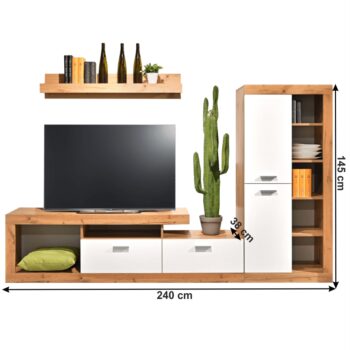 Elegantná a praktická obývacia stena FIJI si Vás na prvý pohľad získa svojím dizajnom a farebným prevedením. Disponuje množstvom otvoreného aj uzavretého úložného priestoru, v podobe skriniek, ktoré sú predelené policami, závesnej poličky a RTV skrinky. Vďaka svojím rozmerom (ŠxHxV): 240x38x145 cm…
