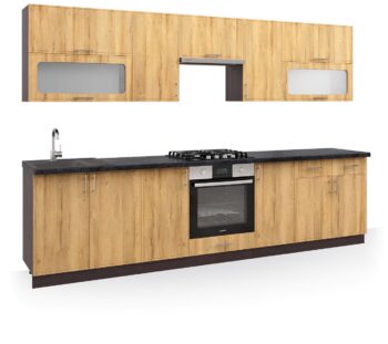 Moderná kuchyňa FIJONA 300 zaujme kontrastným farebným prevedením dub wotan/wenge a praktickým rozložením skriniek. Dvierka sú vyrobené z kvalitnej MDF dosky, strieborné úchyty sú plastové. Súčasťou kuchyne je sokel.Výška horných skriniek je 72 cm, hĺbka je 32 cm.Výška dolných skriniek je 82 cm, hĺbka je 60 cm (vnútorná 47 cm).Kuchynská zostava obsahuje:2 ks horná dvojdverová skrinka s vitrínou 80 cm2 ks horná jednodverová skrinka 40 cm1 ks digestorová skrina 60 cm1 dolná dvojdverová drezová skrinka 80 cm2 ks dolná jednodverová skrinka 40 cm1 ks skrinka na vstavanú rúru 60 cm1 ks dolná dvojdverová skrinka so zásuvkami 80 cmPracovná doska nie je súčasťou kuchynskej zostavy, ale môžete si ju u nás dokúpiť.Spotrebiče nie sú v cene zostavy.Dodávame v demonte. 