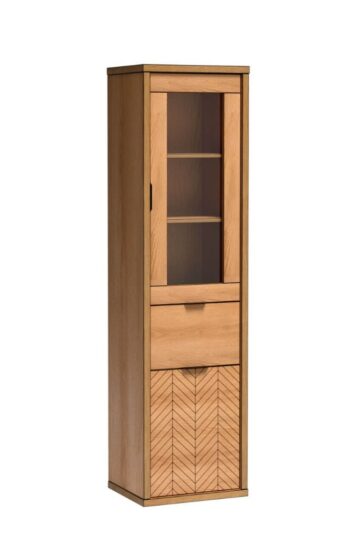 Sektor FINEST je v štýle modernej elegancie. Stane sa vynikajúcim výberom do vašej obývačky, jedálne či spálne. Charakteristickým znakom nábytku je jeho štýlové a elegantné zdobenie na prednej časti.Táto presklená vitrína je vyrobená z kvalitných LTD dosiek. Sú nenáročné na údržbu. Hrany sú chránené ABS hranou. Zadná časť nábytku je z HDF dosky.Farebné prevedenie: dub karamel. Rozmery:šírka: 50 cmvýška: 178,4 cmhĺbka: 40,6 cmDodávame v demontovanom stave.