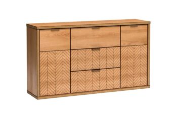 Sektor FINEST je v štýle modernej elegancie. Stane sa vynikajúcim výberom do vašej obývačky, jedálne či spálne. Charakteristickým znakom nábytku je jeho štýlové a elegantné zdobenie na prednej časti.Táto komoda je vyrobená z kvalitných LTD dosiek. Sú nenáročné na údržbu. Hrany sú chránené ABS hranou. Zadná časť nábytku je z HDF dosky.Farebné prevedenie: dub karamel. Rozmery:šírka: 158 cmvýška: 90 cmhĺbka: 40,6 cmDodávame v demontovanom stave.