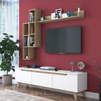 Obývacia stena FLOWER – moderná elegancia pre vašu obývaciu izbuObývacia stena FLOWER prináša štýl a funkčnosť do vašej obývačky. Jej elegantná kombinácia bielej farby a dekoru orecha vytvorí moderný a harmonický vzhľad, ktorý oživí váš interiér. Vďaka praktickému usporiadaniu ponúka dostatok úložného priestoru pre multimediálne zariadenia, knihy a dekorácie.Zostava obsahuje:TV stolík: rozmery 180 x 35 x 48,6 cm – priestranný a praktický stolík pre televíziu a ďalšie multimediálne zariadenia.2 nástenné regály: rozmery 22,1 x 18,5 x 90 cm – ideálne na uloženie kníh, dekorácií alebo drobností.Nástenná polica: rozmery 133 x 15 x 15 cm – perfektné na vystavenie vašich obľúbených dekorácií alebo rastlín.Hlavné vlastnosti obývacej steny FLOWER:Materiál: melamín a VT laminát – kvalitný a ľahko udržiavateľný povrch.Rozmery: 48,6 x 180 x 35 cm – optimálna veľkosť pre rôzne veľkosti obývacích izieb.Farba: kombinácia bielej a orecha, ktorá dodáva priestoru moderný a príjemný vzhľad.Hrúbka materiálu: 18 mm – pevná a stabilná konštrukcia.Možnosť pripevnenia k stene pre bezpečné a stabilné umiestnenie.Dodávame v demontovanom stave s prehľadným montážnym návodom.Obývacia stena FLOWER je ideálnou voľbou pre každého, kto hľadá moderný dizajn a praktickosť. Jej premyslené usporiadanie vám pomôže efektívne usporiadať priestor a zároveň dodať interiéru štýl a eleganciu.Doprajte svojej obývačke štýl a poriadok s obývacou stenou FLOWER – spojenie elegancie a praktickosti!