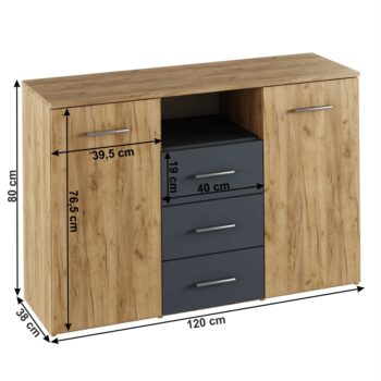 KONDELA Gabriela dvojdverová komoda so zásuvkami dub artisan / grafit – Obrázok 2