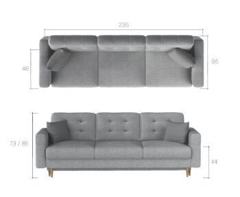 Trojsedák GARD je elegantným a štýlovým nábytkom, ktorý je vhodný do moderných interiérov.Vďaka kombinácii materiálov vám trojsedák GARD ponúka pohodlné sedenie . Sedacia časť je vyrobená z vlnovcovej pružiny a PUR peny s tvrdosťou T3030. Opierková časť je vyrobená z PUR peny s tvrdosťou T2542.Sedačka vám ponúka pohodlné sedenie pre 3 osoby s praktickými podrúčkami na oboch stranách sedačky. Efektným a dominantným prvkom sedačky je prešivanie, ktoré sa nachádza na opierkovej časti a na bočniciach. Takto je dizajn sedačky elegantne prepojený a vytvára zaujímavý celok. Nožičky, ktoré sú vo farbe prírodného dreva dotvárajú celkový vzhľad sedačky. Trojsedák je čalúnený kvalitnou látkou Omega 68. Súčasťou sedačky sú aj dizajnové vankúše, ktoré sú vo farbe Zigzag 53.Disponuje praktickou funkciou rozkladu. Sedačku je možné rozložiť za pomoci DL-automatu. Spacia plocha: 133 x 196 cm, vhodná na príležitostné spanie. Hĺbka sedu: 46 cm, výška sedu: 44 cm.Rozmery (š,v,h): 235 x 86 x 95 cm.  V ponuke máme tiež čalúnené kreslá GARD, v rovnakom farebnom prevedení.
