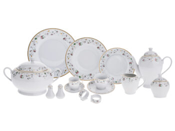 Predstavujeme vám elegantnú porcelánovú jedálenskú súpravu Garida Typ 3, ktorá sa skladá z 57 kusov a je ideálnym doplnkom pre každú modernú domácnosť. Táto súprava vyniká svojím sofistikovaným dizajnom, ktorý kombinuje bielu, zlatú, ružovú a zelenú farbu, čím dodáva vášmu…