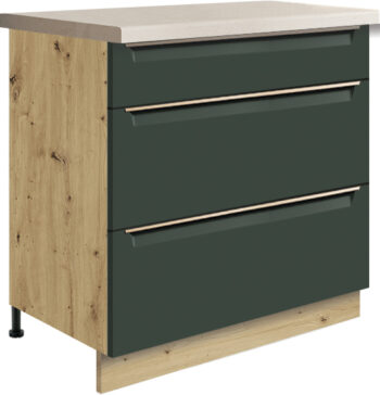 Kuchyňa GLADIOLA - GREEN je v štýlovom a funkčnom prevedení. Je vhodná do modernej aj klasickej kuchyne.Korpus nábytku je vyrobený z kvalitnej LTD dosiek vo farbe dub Artisan, v matnom prevedení. Dvierka sú vyrobené z MDF dosky. Nábytok je nenáročný na údržbu. Disponuje tichým dovieraním dvierok. Nožičky sú regulovateľné.Dolná skrinka GLADIOLA je v zelenom matnom prevedení. Rozmery (š,v,h): 80 x 82 x 51 cm.Sokel a pracovnú dosku je potrebné dokúpiť.Dodávame v demontovanom stave.