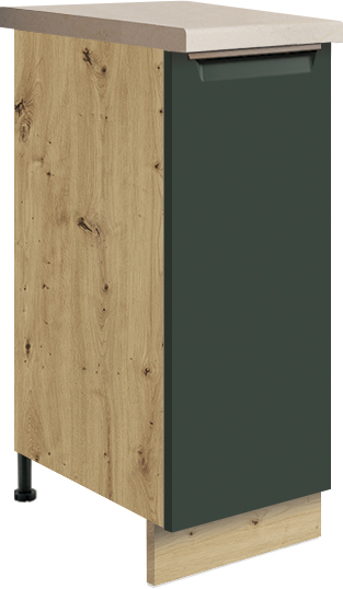 Kuchyňa GLADIOLA - GREEN je v štýlovom a funkčnom prevedení. Je vhodná do modernej aj klasickej kuchyne.Korpus nábytku je vyrobený z kvalitnej LTD dosiek vo farbe dub Artisan, v matnom prevedení. Dvierka sú vyrobené z MDF dosky. Nábytok je nenáročný na údržbu. Disponuje tichým dovieraním dvierok. Nožičky sú regulovateľné.Dolná skrinka GLADIOLA je v zelenom matnom prevedení. Rozmery (š,v,h): 30 x 82 x 51 cm.Sokel a pracovnú dosku je potrebné dokúpiť.Dodávame v demontovanom stave.