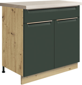 Kuchyňa GLADIOLA - GREEN je v štýlovom a funkčnom prevedení. Je vhodná do modernej aj klasickej kuchyne.Korpus nábytku je vyrobený z kvalitnej LTD dosiek vo farbe dub Artisan, v matnom prevedení. Dvierka sú vyrobené z MDF dosky. Nábytok je nenáročný na údržbu. Disponuje tichým dovieraním dvierok. Nožičky sú regulovateľné.Dolná skrinka GLADIOLA je v zelenom matnom prevedení.  Rozmery (š,v,h): 80 x 82 x 51 cm.Sokel a pracovnú dosku je potrebné dokúpiť, nie sú súčasťou skrinky.Dodávame v demontovanom stave.