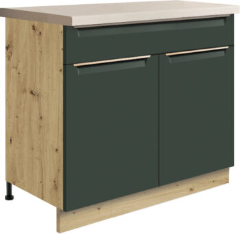 Kuchyňa GLADIOLA - GREEN je v štýlovom a funkčnom prevedení. Je vhodná do modernej aj klasickej kuchyne.Korpus nábytku je vyrobený z kvalitnej LTD dosiek vo farbe dub Artisan, v matnom prevedení. Dvierka sú vyrobené z MDF dosky. Nábytok je nenáročný na údržbu. Disponuje tichým dovieraním dvierok. Nožičky sú regulovateľné.Dolná skrinka GLADIOLA je v zelenom matnom prevedení.  Rozmery (š,v,h): 90 x 82 x 51 cm.Sokel a pracovnú dosku je potrebné dokúpiť, nie sú súčasťou skrinky.Dodávame v demontovanom stave.