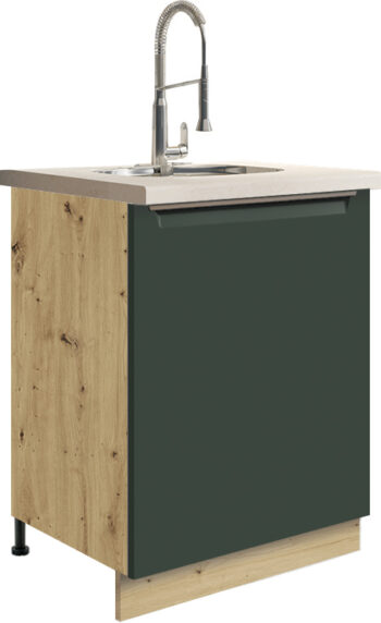 Kuchyňa GLADIOLA - GREEN je v štýlovom a funkčnom prevedení. Je vhodná do modernej aj klasickej kuchyne.Korpus nábytku je vyrobený z kvalitnej LTD dosiek vo farbe dub Artisan, v matnom prevedení. Dvierka sú vyrobené z MDF dosky. Nábytok je nenáročný na údržbu. Disponuje tichým dovieraním dvierok. Nožičky sú regulovateľné.Dolná skrinka GLADIOLA je v zelenom matnom prevedení. Je určená na drez. Kuchynský drez nie je v cene skrinky.Rozmery (š,v,h): 60 x 82 x 51 cm.Sokel a pracovnú dosku je potrebné dokúpiť, nie sú súčasťou skrinky.Dodávame v demontovanom stave.