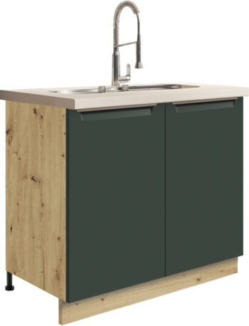 Kuchyňa GLADIOLA - GREEN je v štýlovom a funkčnom prevedení. Je vhodná do modernej aj klasickej kuchyne.Korpus nábytku je vyrobený z kvalitnej LTD dosiek vo farbe dub Artisan, v matnom prevedení. Dvierka sú vyrobené z MDF dosky. Nábytok je nenáročný na údržbu. Disponuje tichým dovieraním dvierok. Nožičky sú regulovateľné.Dolná skrinka GLADIOLA je v zelenom matnom prevedení. Je určená na drez. Kuchynský drez nie je v cene skrinky.Rozmery (š,v,h): 90 x 82 x 51 cm.Sokel a pracovnú dosku je potrebné dokúpiť, nie sú súčasťou skrinky.Dodávame v demontovanom stave.