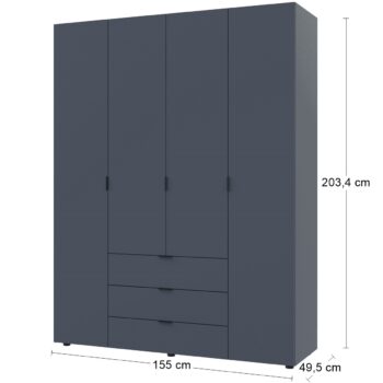 Štvordverová šatníková skriňa so zásuvkami Gores v grafitovej farbe je ideálnym doplnkom do každého moderného interiéru. Tento kus nábytku je vyrobený z aglomerovaného materiálu DTD, ktorý je známy svojou odolnosťou a dlhou životnosťou. Skriňa má rozmery 155 cm na šírku, 49,5 cm na hĺbku a 203,4…