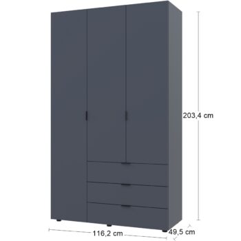Trojdverová šatníková skriňa so zásuvkami Gores v grafitovej farbe je moderným a praktickým doplnkom do vášho interiéru. Jej rozmery sú 203,4 cm na výšku, 116,2 cm na šírku a 49,5 cm na hĺbku. Skriňa je vyrobená z kvalitného aglomerovaného materiálu DTD, ktorý je odolný a dlhodobo zachováva svoj…