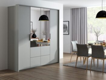WIEDEN je šatníková skriňa v nadčasovom modernom prevedení, s množstvom úložného priestoru. Je vhodná do moderných interiérov.Táto šatníková skriňa je vyrobená z kvalitných LTD dosiek, ktoré sa jednoducho udržiavajú.Posuvné skladacie dvere.Disponuje praktickým zrkadlom.Praktické zásuvkyVo vnútri  6 políc a dve šatníkové tyče.Rozmery:šírka: 208 cmvýška: 217 cmhĺbka: 65 cmDodávame v demontovanom stave. 