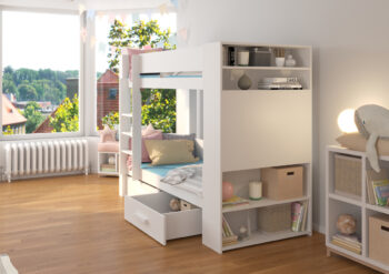 Zaujmite modernosťou a multifunkčnosťou poschodovej postele s úložným priestorom GUINEA 80x180 cm v nadčasovom bielom prevedení nie len Vaše deti, ale každého, kto izbu Vašich detí navštívi. Posteľ poskytne nie len plnohodnotné miesto na spanie, pohodlie a komfort pre ničím nerušený spánok pre dve…