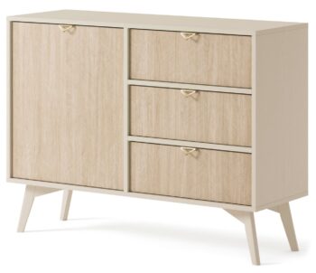 Sekciu GUMP tvoria komody, nočné stolíky, skriňa a TV stolík a svojím  prevedením  a minimalistickým vzhľadom  zvýraznia každú miestnosť. Jednou z hlavných charakteristických vlastností je jeho nádherná béžová farba, ktorá je doplnená vzorom rybej kosti. Drevené vysoké nohy v kombinácií so zlatými úchytkami zdôraznia štýlové usporiadanie vašej miestnosti.Zostava je vyrobená z kvalitnej laminovanej 16mm dosky a okraje sú ohraničené ABS hranami, ktorý zaručuje vysokú odolnosť.  Jej využitie nájdete v každej domácnosti. S jej rozmermi - šírka 106cm - výška 80cm a hĺbka 38cm poskytuje dostatok úložného priestoru pre vašu domácnosť. Tvoria ju tri zásuvky na pravej strane a jednodverová skrinka na ľavej strane s jednou policou vo vnútri.Dodávame v demonte.