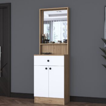 Predsiňová zostava HAIR – Škandinávsky štýl s kombináciou orecha a bielejPredsiňová zostava HAIR je dokonalým riešením pre organizáciu a vylepšenie vašej predsiene. Vďaka elegantnej kombinácii orechového dekoru a bielej farby prináša táto zostava do vášho domova moderný škandinávsky štýl, ktorý je praktický aj vizuálne atraktívny.Hlavné vlastnosti:Typ tovaru: predsieňová zostavaRozmer: 182.8 x 60 x 35.5 cmFarba: orech + bielaMateriál: melamín, VT laminátHrúbka materiálu: 18 mmVybavenie: 1 zásuvka a zrkadloPočet dvierok: 2Zostava obsahuje: skrinku na topánky a zrkadloŠtýl: škandinávskyDodatočné informácie: dodávame v demonte, možno pripevniť k steneTáto predsieňová zostava HAIR ponúka praktické usporiadanie priestoru. Skrinka na topánky poskytuje dostatok úložného miesta na obuv, zatiaľ čo elegantné zrkadlo opticky zväčšuje priestor a zvyšuje svetlosť miestnosti. Vďaka jednej zásuvke máte navyše priestor na kľúče, doplnky alebo ďalšie drobnosti, ktoré potrebujete mať vždy po ruke.Vysoko kvalitné materiály, ako je melamín a VT laminát, zaisťujú odolnosť a jednoduchú údržbu. Možnosť pripevnenia k stene navyše zvyšuje bezpečnosť a stabilitu produktu.Objednajte si predsieňovú zostavu HAIR ešte dnes a vytvorte z vašej predsiene funkčný a elegantný priestor, ktorý zaujme na prvý pohľad!