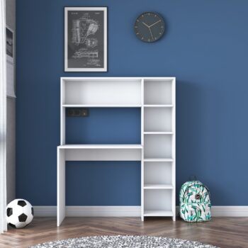 HALIEN – Škandinávsky písací stôl pre detskú izbu a kanceláriuPredstavujeme vám HALIEN, moderný písací stôl navrhnutý pre efektívnu prácu aj štúdium. Tento elegantný stôl je ideálny pre detskú izbu alebo kancelária či pracovňu, kde oceníte jeho funkčnosť a čistý škandinávsky štýl. Materiál: MelamínFarba: BielaRozmer: 141.8 x 113.2 x 40 cmTvar: ObdĺžnikovýPočet políc: 5 praktických políc na uloženie dokumentov a potriebHrúbka materiálu: 18 mmVybavenie: Regálka s dostatkom úložného priestoruDodanie: Dodávame v demonte pre jednoduchú montážHALIEN ponúka dostatok pracovného priestoru, zatiaľ čo 5 políc poskytuje praktické úložné miesto pre knihy, školské potreby alebo kancelárske vybavenie. Jeho obdĺžnikový tvar a kompaktné rozmery ho robia skvelým doplnkom ako pre menšie, tak aj väčšie miestnosti. Kvalitný melamínový povrch zaisťuje ľahkú údržbu a dlhú životnosť.Zaobstarajte si HALIEN a vytvorte si produktívne a štýlové pracovné prostredie, ktoré zjednoduší váš každodenný život.