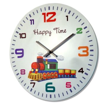 HAPPY TIME nástenné hodiny pre deti v bielej farbe s vláčikom