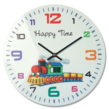 HAPPY TIME nástenné hodiny pre deti v bielej farbe s vláčikom