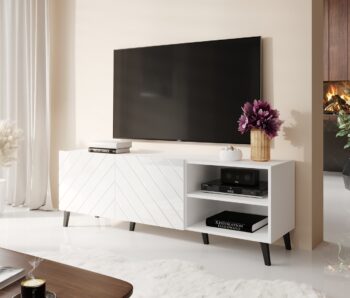 Dizajnový TV stolík HOLIDAY je ideálnym produktom pre milovníkov moderného a minimalistického štýlu.Tento elegantný stolík v bielom lesklom farebnom prevedení ponúka dostatok úložného priestoru vďaka dvom otvoreným policiam a zatvorenej skrinke. Je vyrobený z dvoch materiálov, ktoré sú nenáročné na údržbu. Korpus stolíka je vyrobený z LTD dosky a jeho predné časti sú vyrobené z kvalitnejšej MDF dosky v lesku.Dzajnové nožičky v čiernej farbe dodávajú nábytku štýlový a zaujímavý dizajn.Rozmery: (š/v/h) 150 x 54 x 42 cm.Dodávame v demonte.
